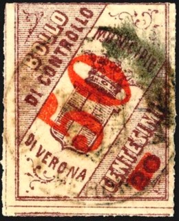 Marca da Bollo del Comune di VERONA su Carta Bianca Sottile di dimensioni 24 x 31 mm