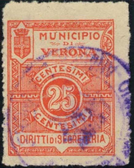 Marca da Bollo del Comune di VERONA su Carta Bianca Sottile di dimensioni 23,5 x 30 mm