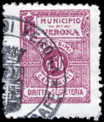 Marca da Bollo del Comune di VERONA su Carta Bianca Sottile di dimensioni 16,5 x 21,5 mm