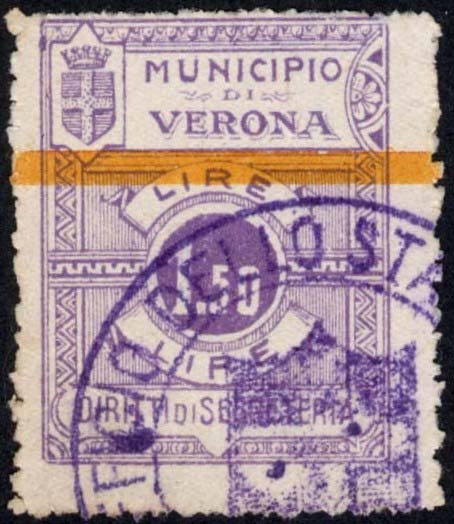 Marca da Bollo del Comune di VERONA su Carta Bianca di dimensioni 16,5 x 21,5 mm