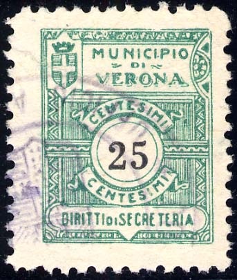 Marca da Bollo del Comune di VERONA su Carta Bianca Sottile di dimensioni 17 x 21,5 mm