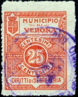 Marca da Bollo del Comune di VERONA su Carta Bianca Sottile di dimensioni 24 x 30,5 mm