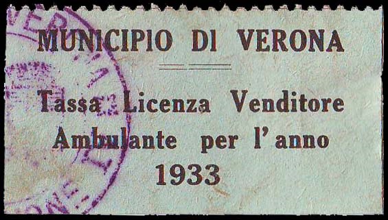 Marca da Bollo del Comune di VERONA su Carta Colorata di dimensioni 38 x 19 mm