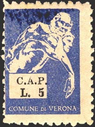 Marca da Bollo del Comune di VERONA su Carta Bianca Sottile di dimensioni 16,5 x 23,5 mm