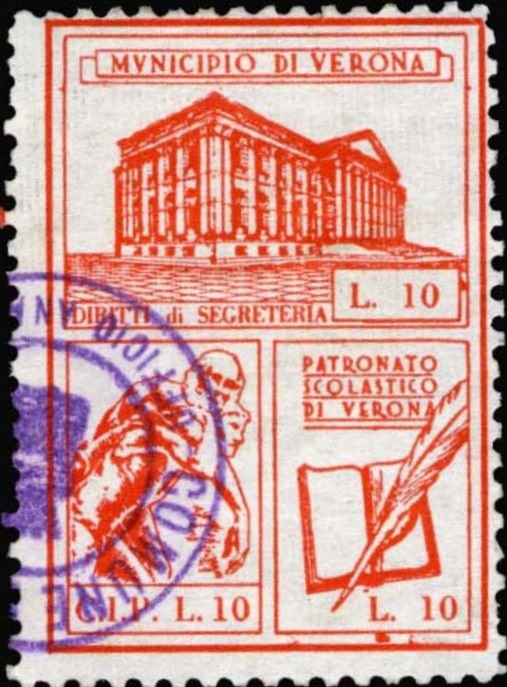 Marca da Bollo del Comune di VERONA su Carta Bianca Sottile di dimensioni 27 x 39,5 mm