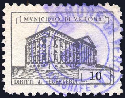 Marca da Bollo del Comune di VERONA su Carta Bianca Sottile di dimensioni 25 x 18 mm