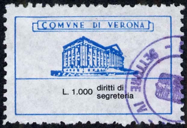 Marca da Bollo del Comune di VERONA su Carta Bianca di dimensioni 36,5 x 23 mm