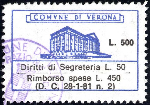 Marca da Bollo del Comune di VERONA su Carta Bianca di dimensioni 35 x 27 mm