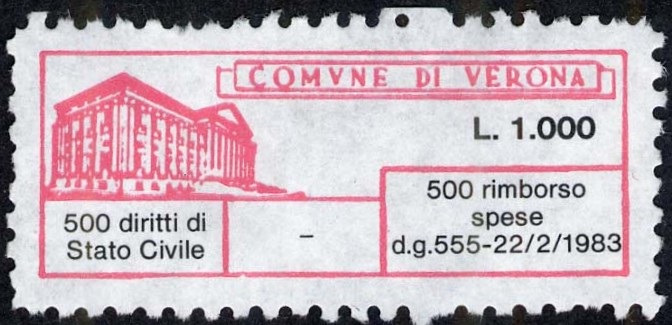 Marca da Bollo del Comune di VERONA su Carta Bianca di dimensioni 40 x 15 mm