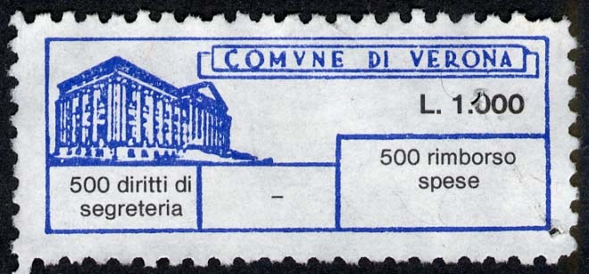 Marca da Bollo del Comune di VERONA su Carta Bianca di dimensioni 40 x 15 mm