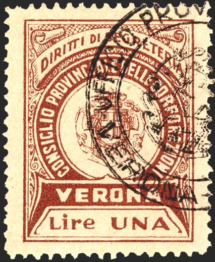 Marca da Bollo del Comune di VERONA su Carta Bianca di dimensioni 23,5 X 30,5 mm