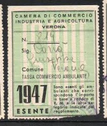 Marca da Bollo del Comune di VERONA su Carta Bianca di dimensioni 30 x 43 mm