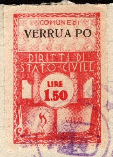 Marca da Bollo del Comune di VERRUA PO su Carta Bianca Sottile di dimensioni 21 X 32 mm