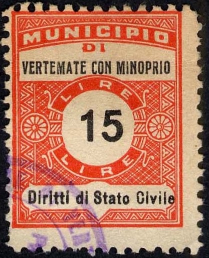 Marca da Bollo del Comune di VERTEMATE CON MINOPRIO su Carta Bianca di dimensioni 22 x 29 mm