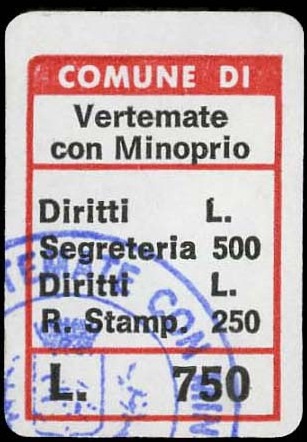 Marca da Bollo del Comune di VERTEMATE CON MINOPRIO su Carta Bianca di dimensioni 20 x 26,5 mm