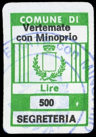 Marca da Bollo del Comune di VERTEMATE CON MINOPRIO su Carta Bianca di dimensioni 17,5 x 25,5 mm