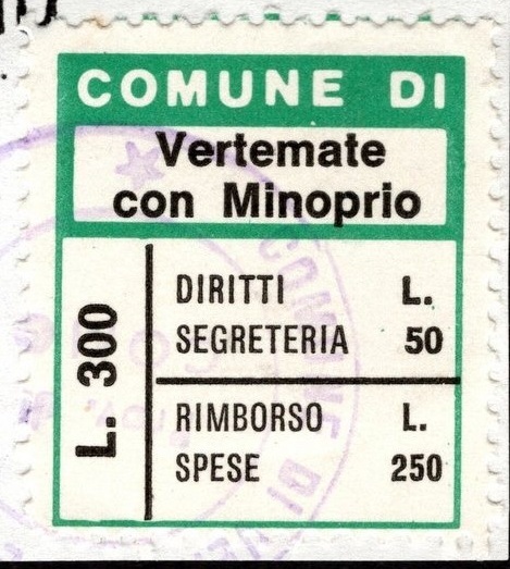 Marca da Bollo del Comune di VERTEMATE CON MINOPRIO su Carta Bianca di dimensioni 23 x 26 mm