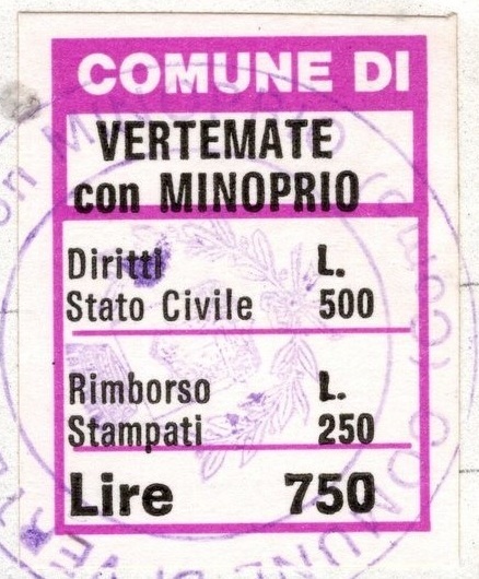 Marca da Bollo del Comune di VERTEMATE CON MINOPRIO su Carta Bianca di dimensioni 23 x 26 mm