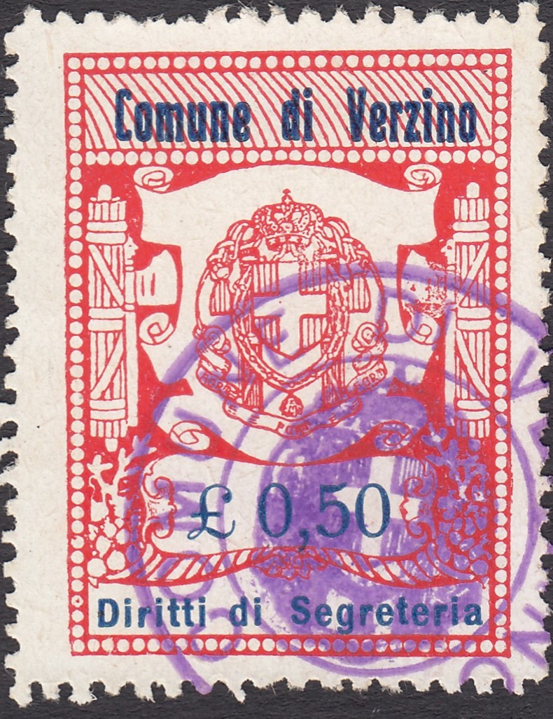 Marca da Bollo del Comune di VERZINO su Carta Bianca di dimensioni 25 x 34 mm