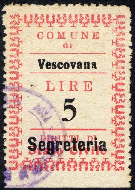 Marca da Bollo del Comune di VESCOVANA su Carta Bianca di dimensioni 22 x 23 mm
