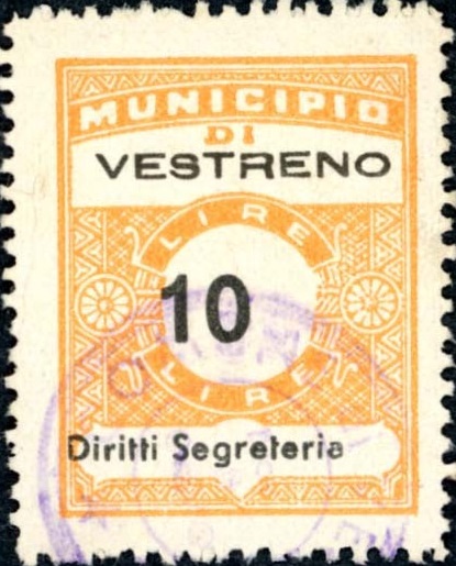 Marca da Bollo del Comune di VESTRENO su Carta Bianca di dimensioni 22,5 x 29 mm