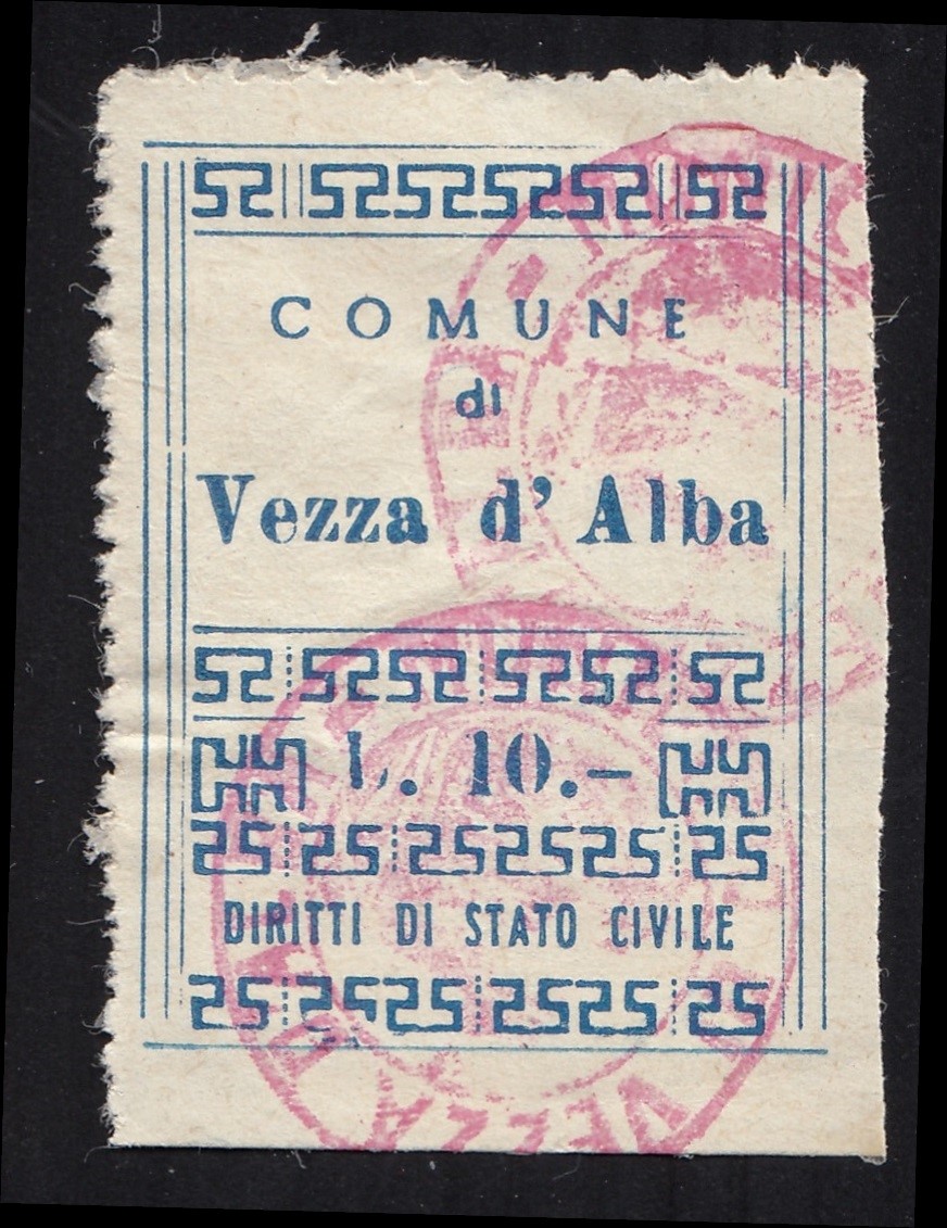 Marca da Bollo del Comune di VEZZA D´ALBA su Carta Bianca Sottile di dimensioni 22,5 x 29,5 mm