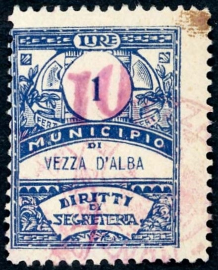 Marca da Bollo del Comune di VEZZA D´ALBA su Carta Bianca di dimensioni 22 x 27,5 mm