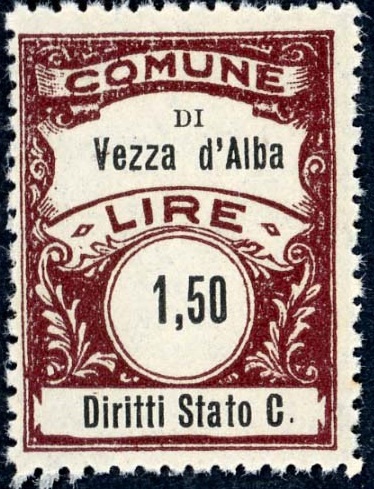 Marca da Bollo del Comune di VEZZA D´ALBA su Carta Bianca Sottile di dimensioni 22,5 x 29,5 mm