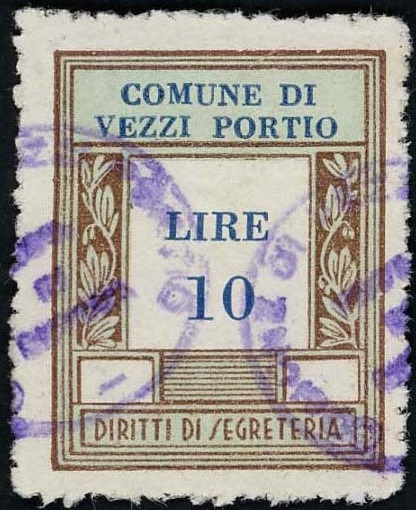 Marca da Bollo del Comune di VEZZI PORTIO su Carta Bianca Sottile di dimensioni 23 x 29,5 mm
