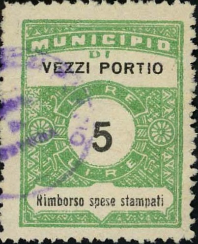 Marca da Bollo del Comune di VEZZI PORTIO su Carta Bianca Sottile di dimensioni 23 x 29 mm