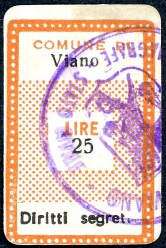 Marca da Bollo del Comune di VIANO su Carta Bianca di dimensioni 17 x 32 mm