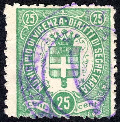 Marca da Bollo del Comune di VICENZA su Carta Bianca Sottile di dimensioni 21,5 x 25 mm