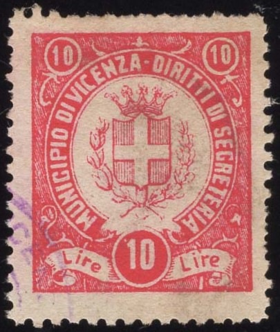Marca da Bollo del Comune di VICENZA su Carta Bianca Sottile di dimensioni 22 x 25 mm