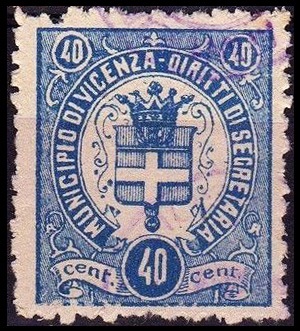 Marca da Bollo del Comune di VICENZA su Carta Bianca di dimensioni 21,5 x 25 mm