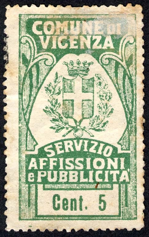 Marca da Bollo del Comune di VICENZA su Carta Bianca Sottile di dimensioni 27 x 47 mm