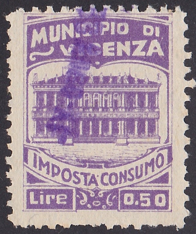 Marca da Bollo del Comune di VICENZA su Carta Bianca Sottile di dimensioni 21 x 27,5 mm
