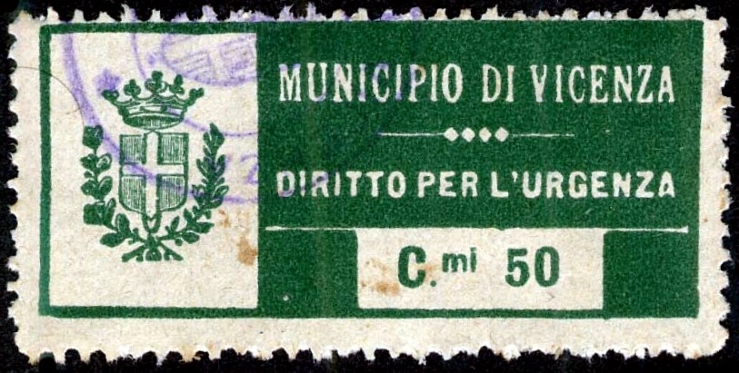 Marca da Bollo del Comune di VICENZA su Carta Bianca Sottile di dimensioni 44 x 20 mm
