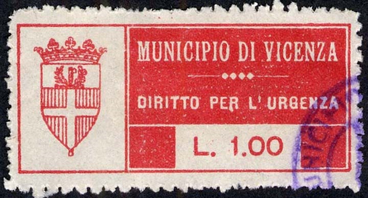 Marca da Bollo del Comune di VICENZA su Carta Bianca Sottile di dimensioni 44 x 20 mm