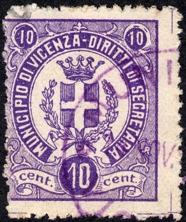 Marca da Bollo del Comune di VICENZA su Carta Bianca di dimensioni 22 x 25 mm