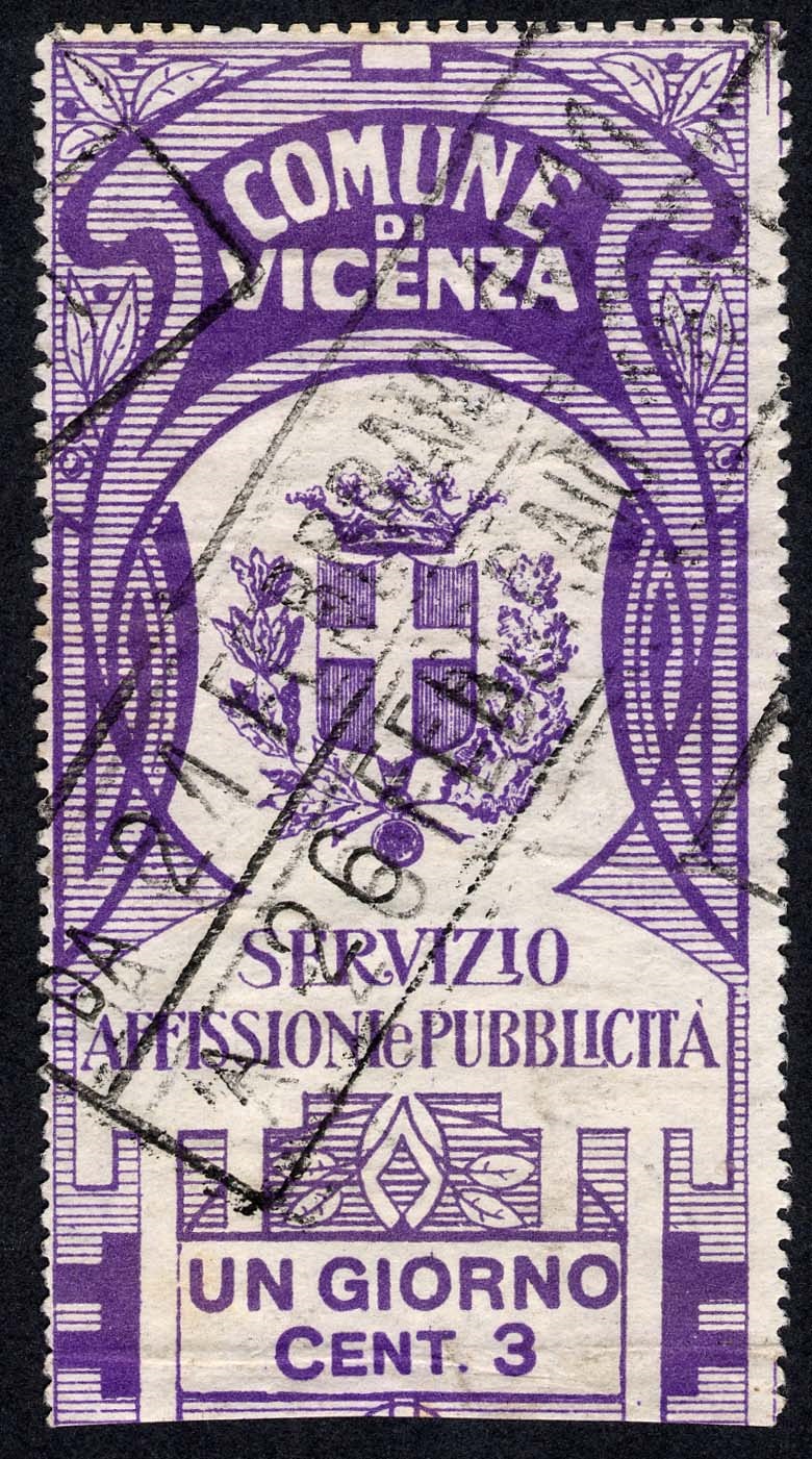 Marca da Bollo del Comune di VICENZA su Carta Bianca Sottile di dimensioni 47 x 97 mm