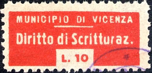Marca da Bollo del Comune di VICENZA su Carta Bianca di dimensioni 30 x 12,5 mm