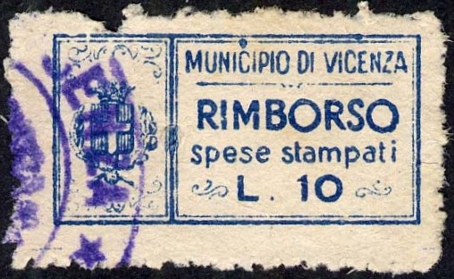 Marca da Bollo del Comune di VICENZA su Carta Bianca di dimensioni 28,5 x 14,5 mm
