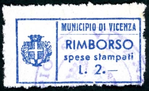 Marca da Bollo del Comune di VICENZA su Carta Bianca di dimensioni 28 x 14,5 mm