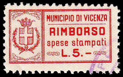 Marca da Bollo del Comune di VICENZA su Carta Bianca Sottile di dimensioni 28 x 14,5 mm