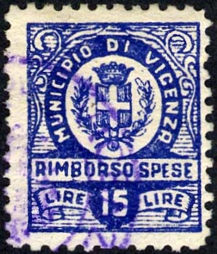 Marca da Bollo del Comune di VICENZA su Carta Bianca Sottile di dimensioni 17 x 21 mm