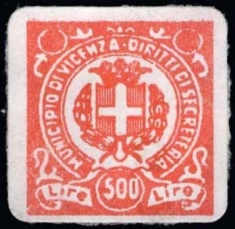 Marca da Bollo del Comune di VICENZA su Carta Bianca di dimensioni 18,5 x 19 mm