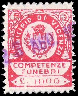 Marca da Bollo del Comune di VICENZA su Carta Bianca di dimensioni 20 x 28 mm