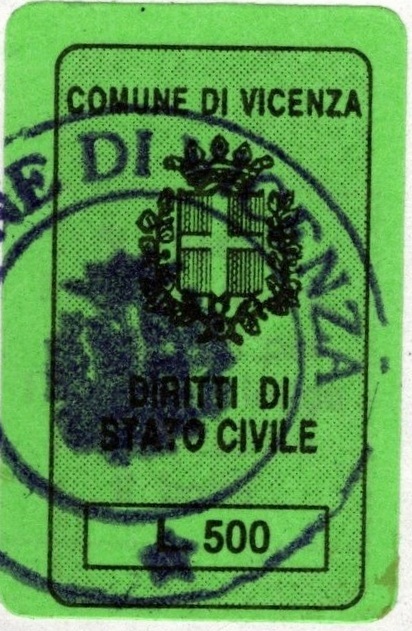 Marca da Bollo del Comune di VICENZA su Carta Bianca di dimensioni 15 x 26 mm