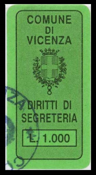 Marca da Bollo del Comune di VICENZA su Carta Colorata di dimensioni 16 x 36 mm