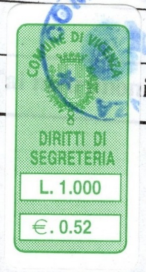 Marca da Bollo del Comune di VICENZA su Carta Colorata di dimensioni 16 x 36 mm